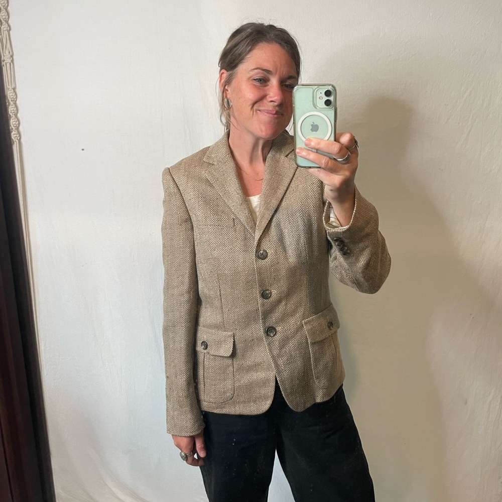 Vintage green label Lauren Ralph Lauren silk linen classic herringbone blazer